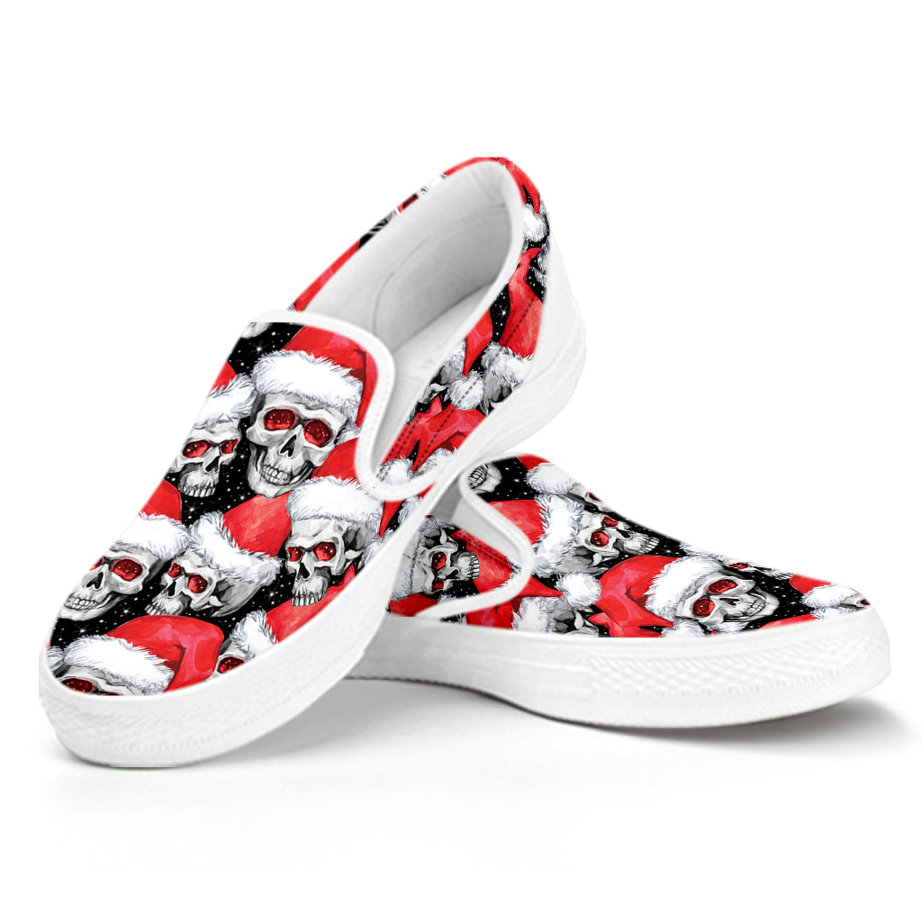 Christmas Santa Skull Pattern Print White Slip On Shoes