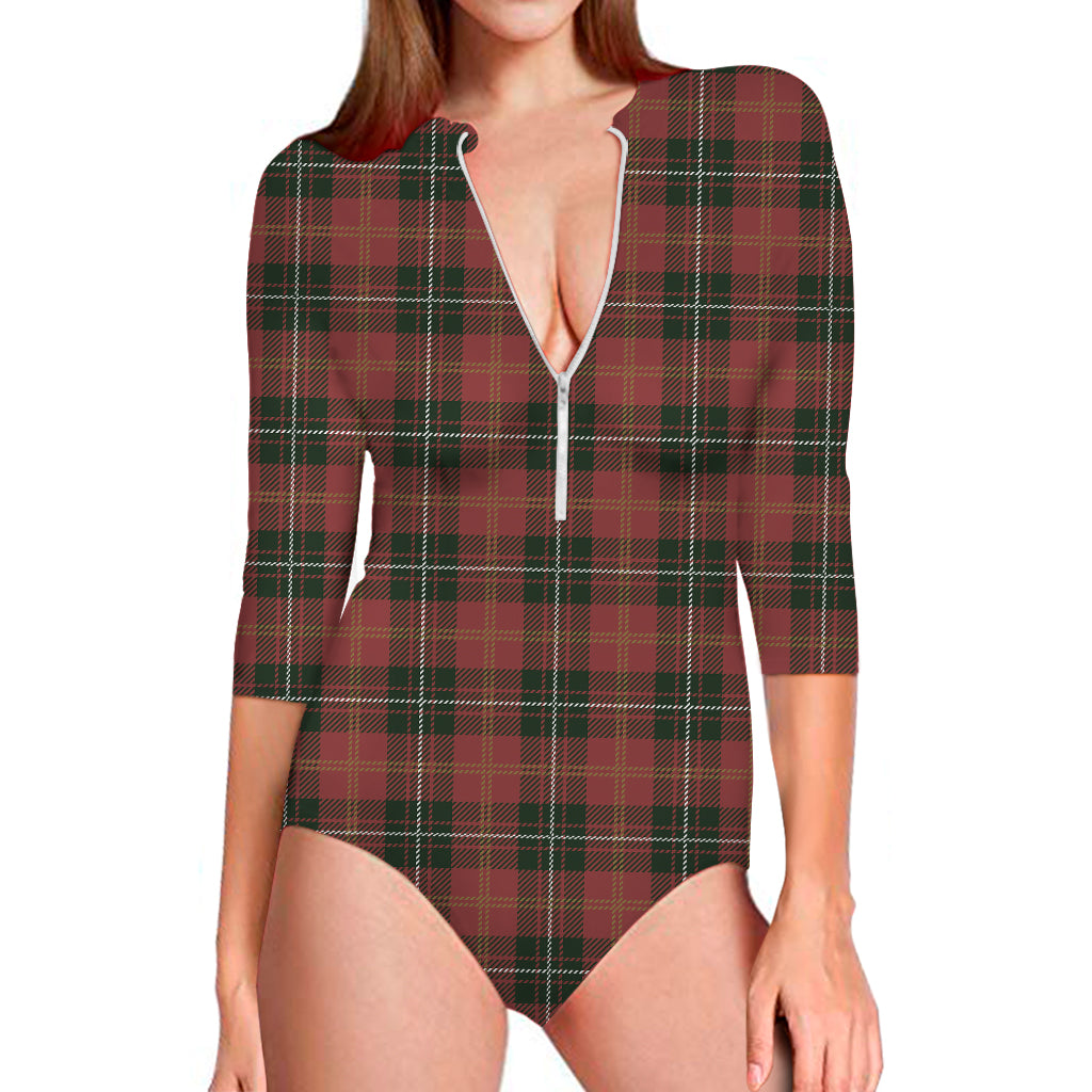 Christmas Scottish Tartan Pattern Print Long Sleeve One Piece Swimsuit