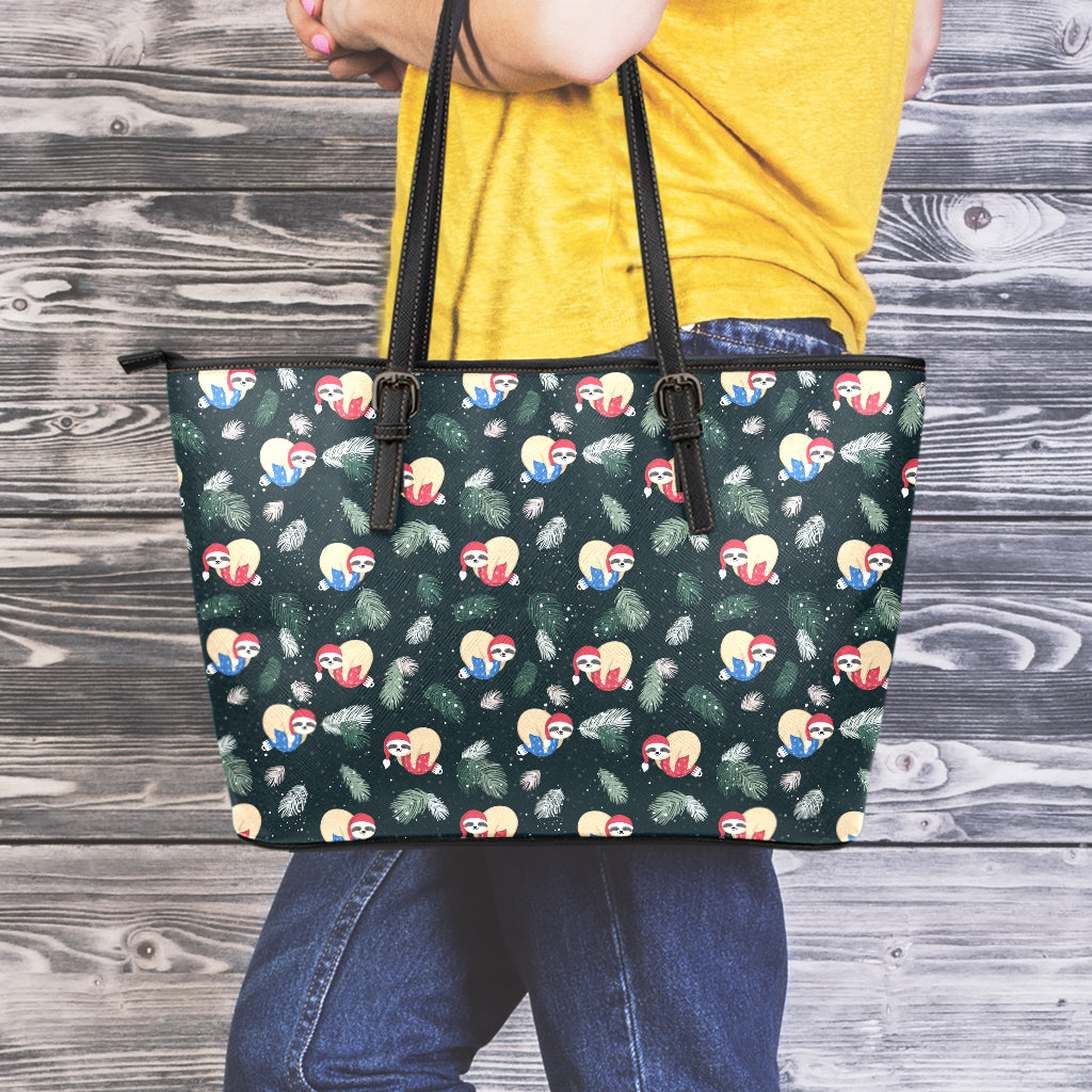 Christmas Sleeping Sloths Pattern Print Leather Tote Bag