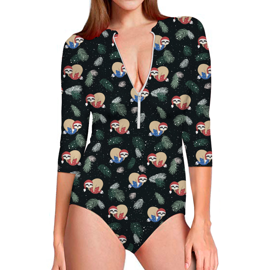 Christmas Sleeping Sloths Pattern Print Long Sleeve One Piece Swimsuit