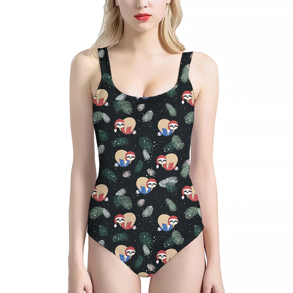 Christmas Sleeping Sloths Pattern Print One Piece Halter Neck Swimsuit