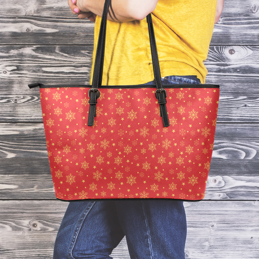 Christmas Snowflakes And Stars Print Leather Tote Bag