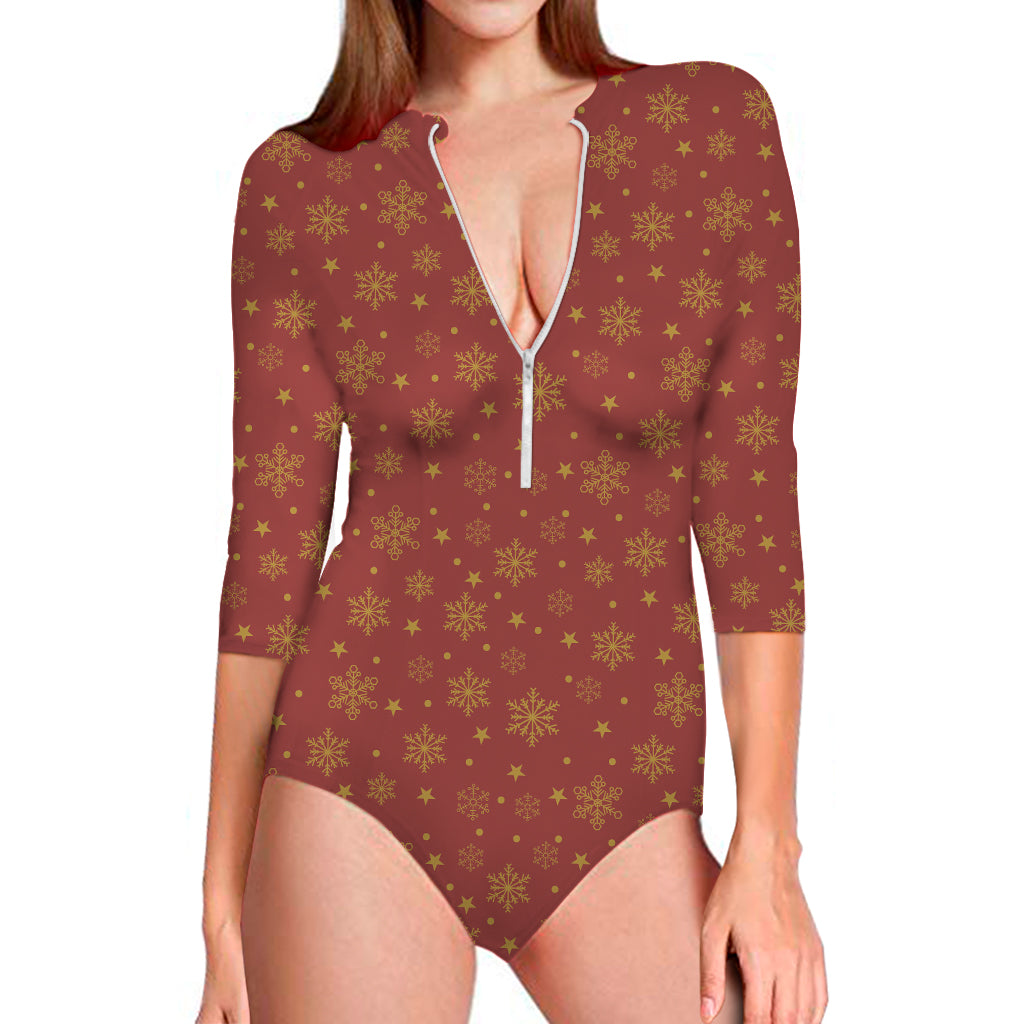 Christmas Snowflakes And Stars Print Long Sleeve One Piece Swimsuit