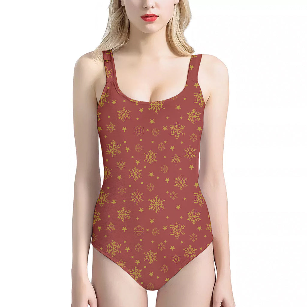 Christmas Snowflakes And Stars Print One Piece Halter Neck Swimsuit