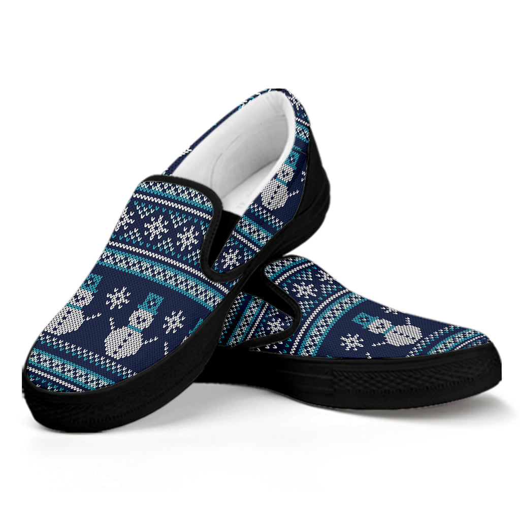 Christmas Snowman Knitted Pattern Print Black Slip On Shoes