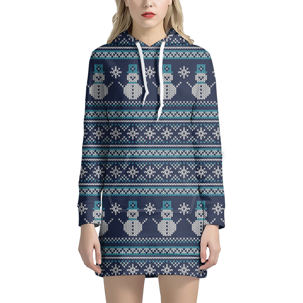 Christmas Snowman Knitted Pattern Print Women's Pullover Hoodie Dress