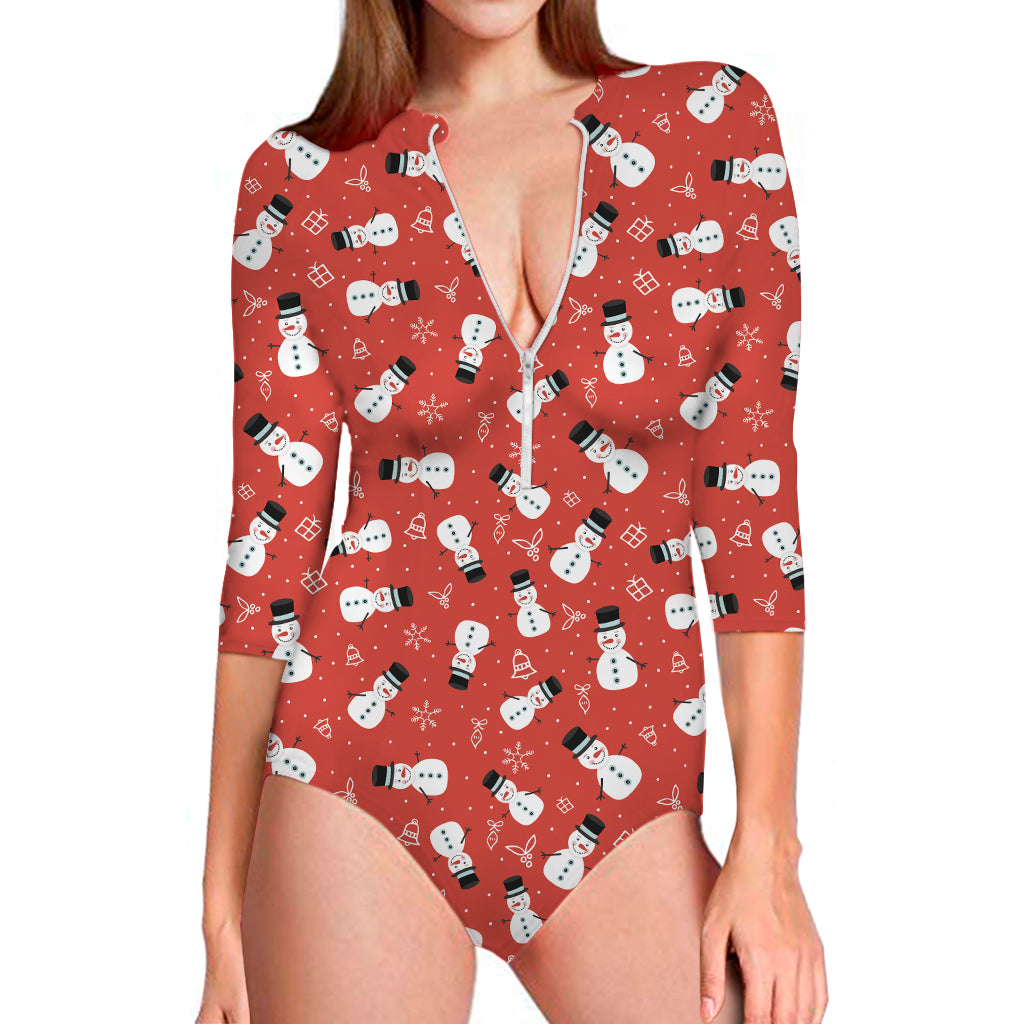 Christmas Snowman Pattern Print Long Sleeve One Piece Swimsuit