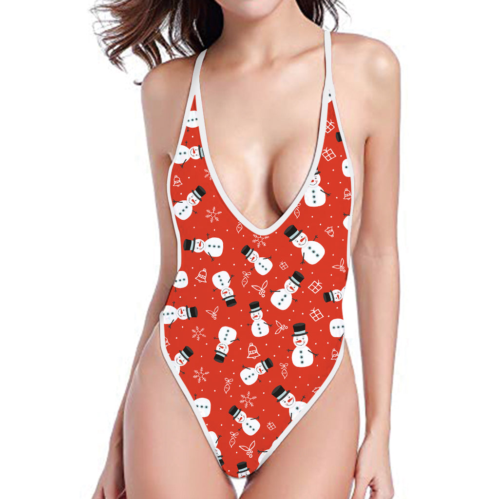 Christmas Snowman Pattern Print One Piece High Cut Swimsuit