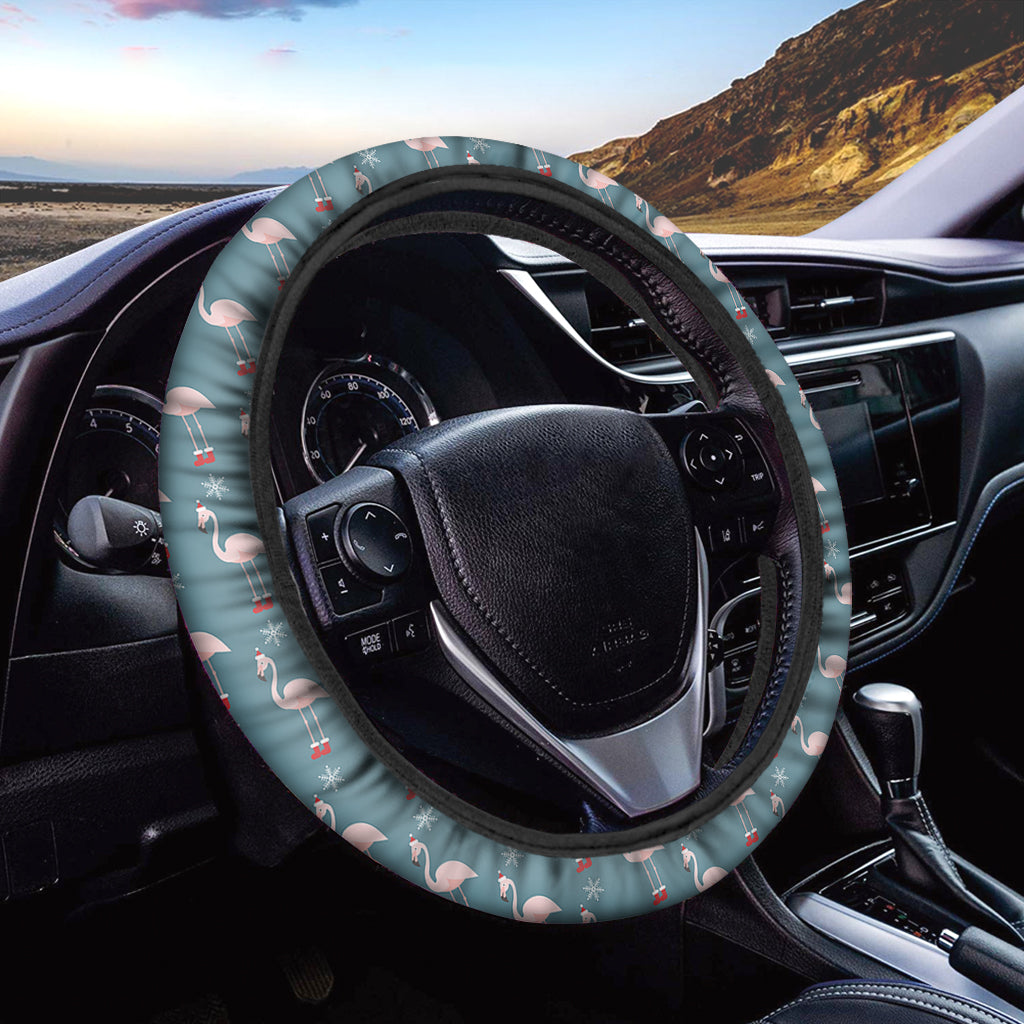 Christmas Snowy Flamingo Pattern Print Car Steering Wheel Cover