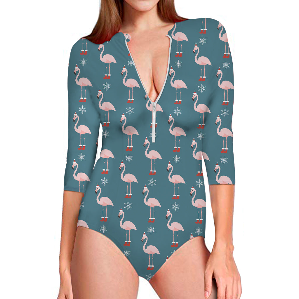 Christmas Snowy Flamingo Pattern Print Long Sleeve One Piece Swimsuit