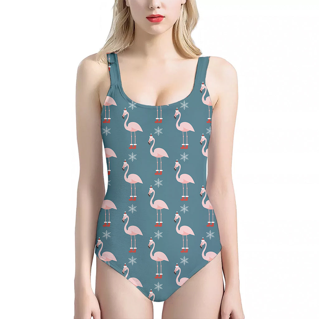 Christmas Snowy Flamingo Pattern Print One Piece Halter Neck Swimsuit