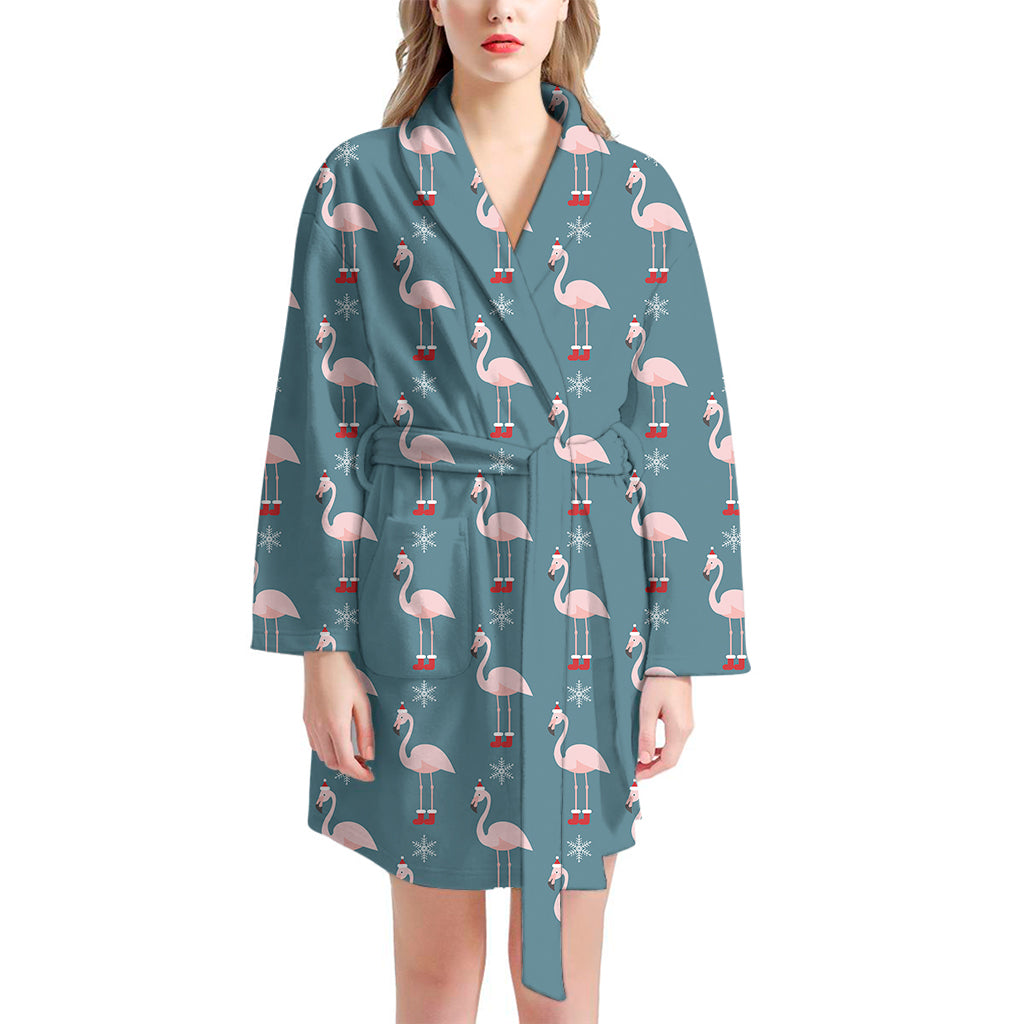 Christmas Snowy Flamingo Pattern Print Women's Bathrobe