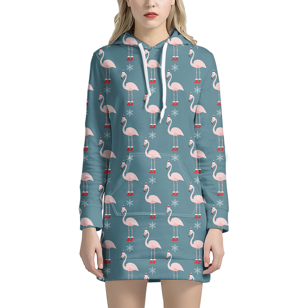 Christmas Snowy Flamingo Pattern Print Women's Pullover Hoodie Dress