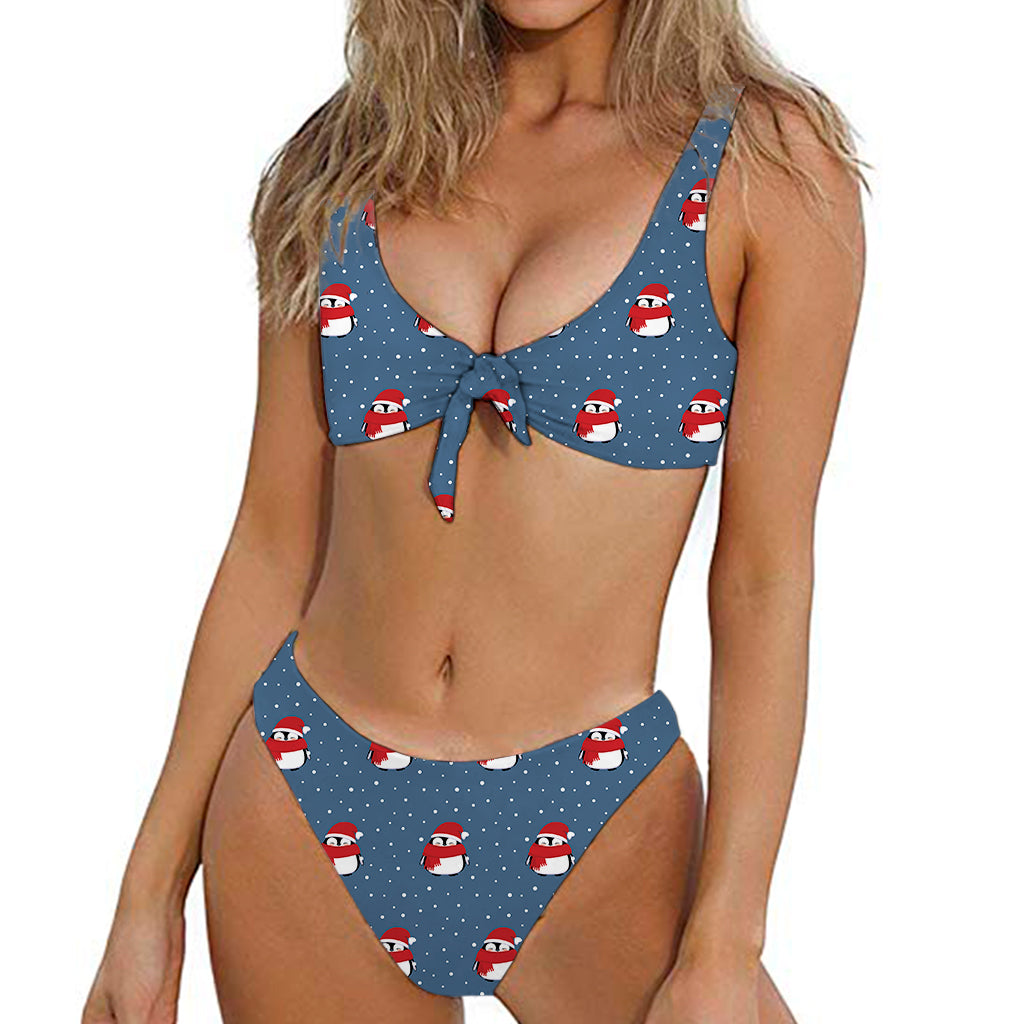 Christmas Snowy Penguin Pattern Print Front Bow Tie Bikini