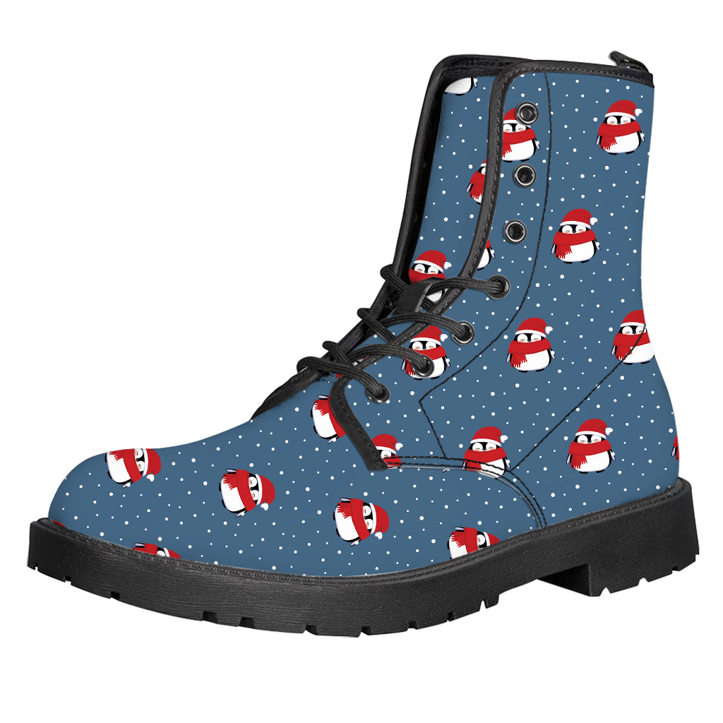 Christmas Snowy Penguin Pattern Print Leather Boots