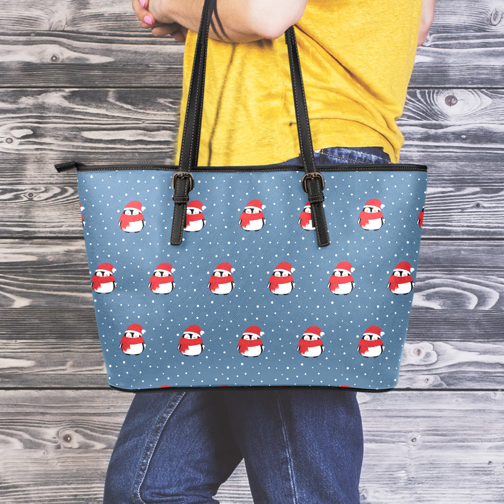 Christmas Snowy Penguin Pattern Print Leather Tote Bag