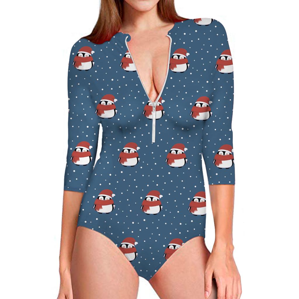 Christmas Snowy Penguin Pattern Print Long Sleeve One Piece Swimsuit