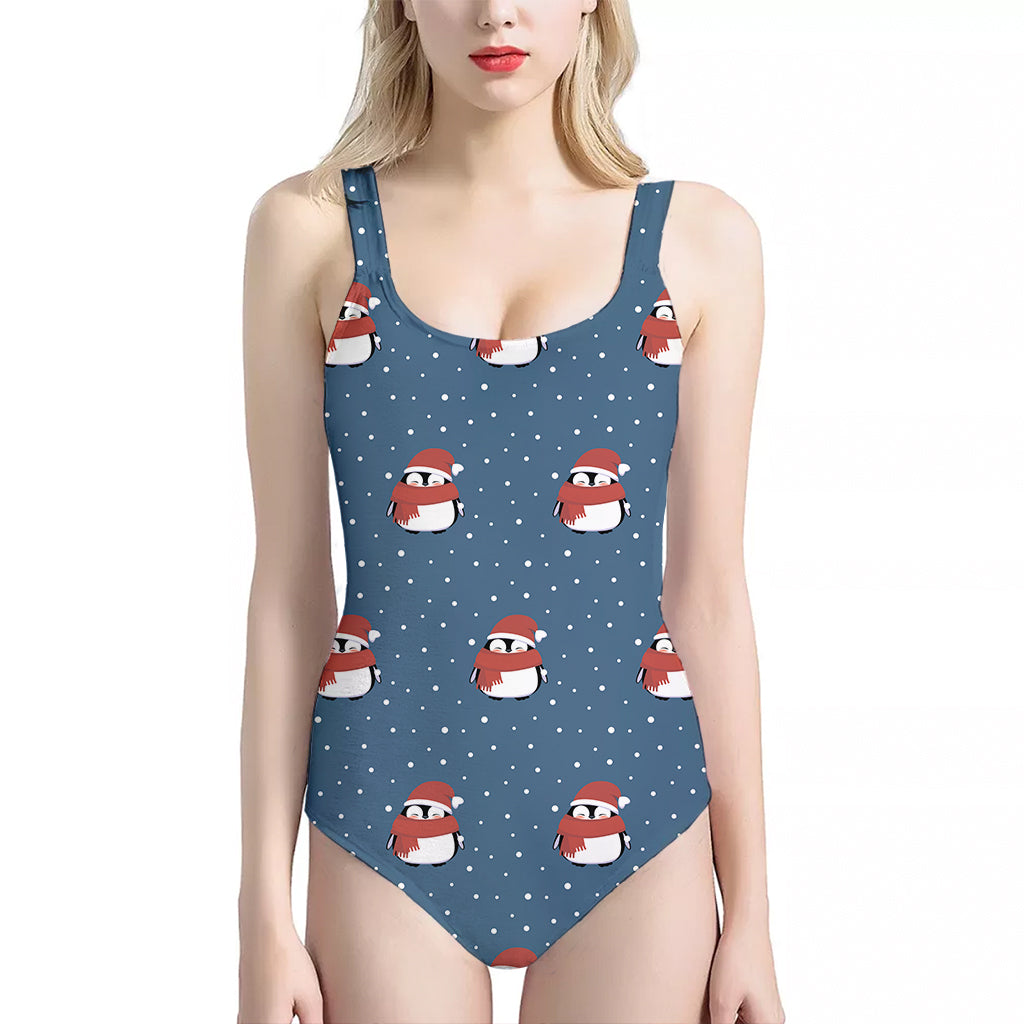 Christmas Snowy Penguin Pattern Print One Piece Halter Neck Swimsuit