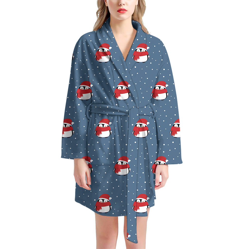 Christmas Snowy Penguin Pattern Print Women's Bathrobe