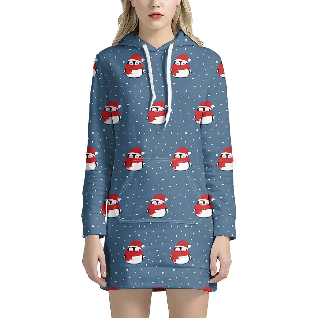 Christmas Snowy Penguin Pattern Print Women's Pullover Hoodie Dress