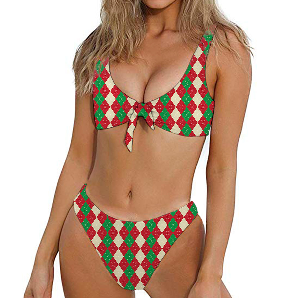 Christmas Themed Argyle Pattern Print Front Bow Tie Bikini