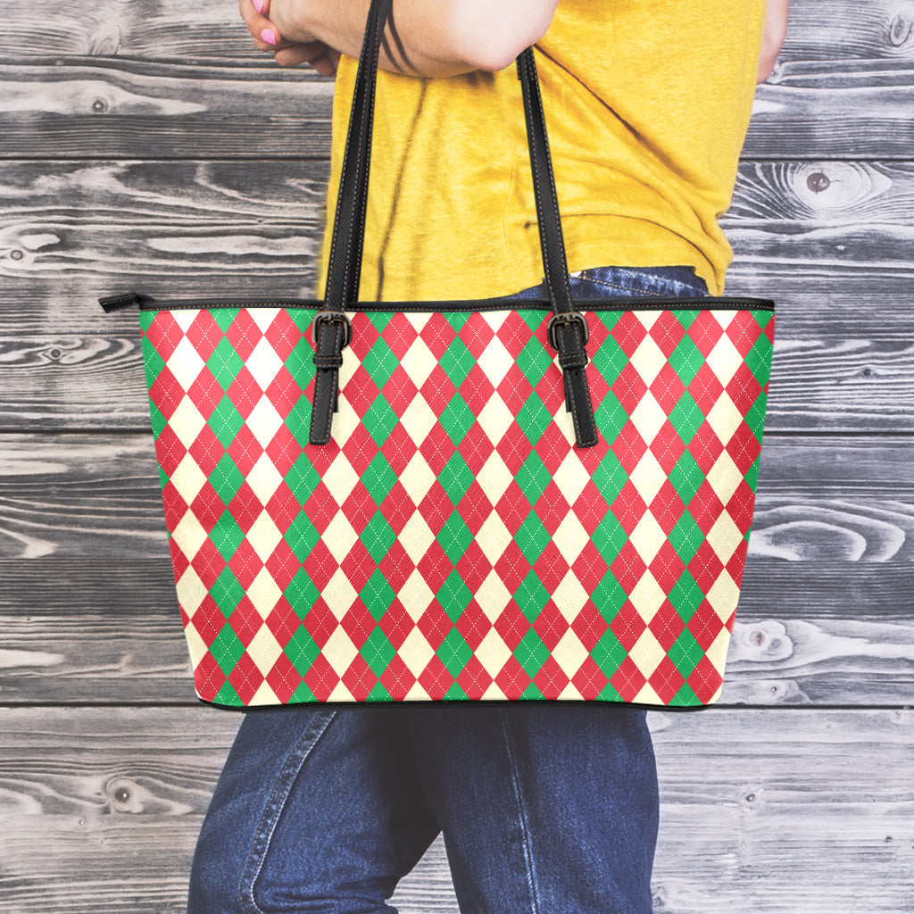 Christmas Themed Argyle Pattern Print Leather Tote Bag