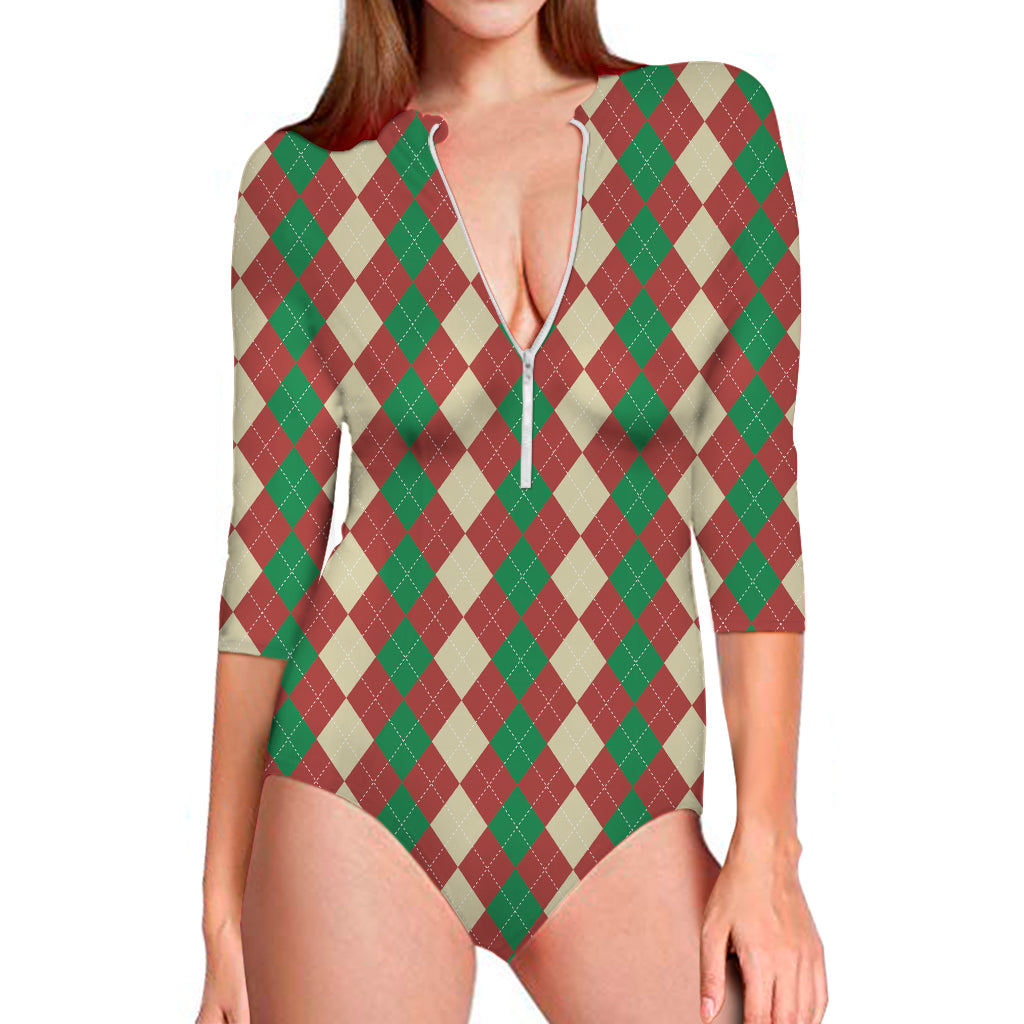 Christmas Themed Argyle Pattern Print Long Sleeve One Piece Swimsuit