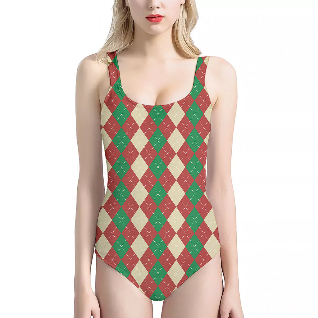 Christmas Themed Argyle Pattern Print One Piece Halter Neck Swimsuit