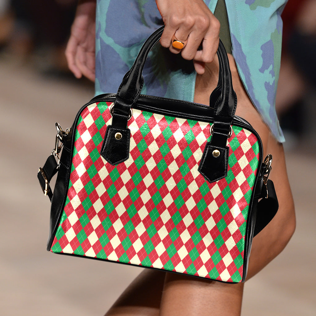 Christmas Themed Argyle Pattern Print Shoulder Handbag