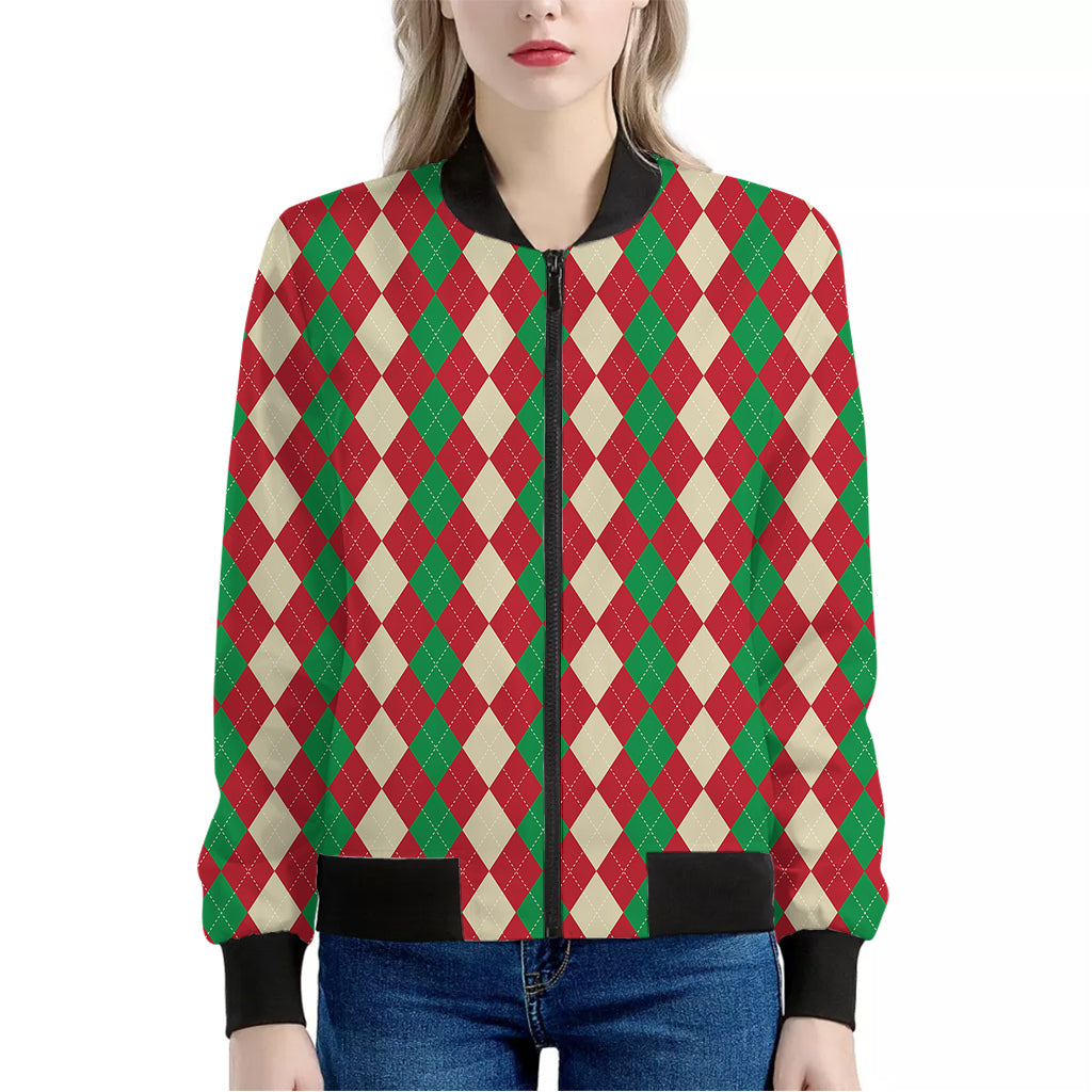 Christmas Themed Argyle Pattern Print Women's Bomber Jacket