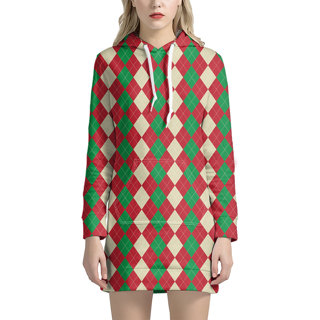 Christmas Themed Argyle Pattern Print Women's Pullover Hoodie Dress