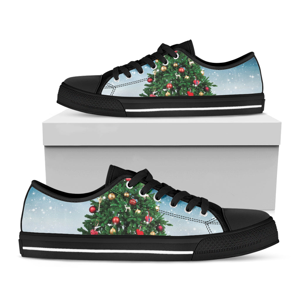 Christmas Tree And Snow Print Black Low Top Shoes