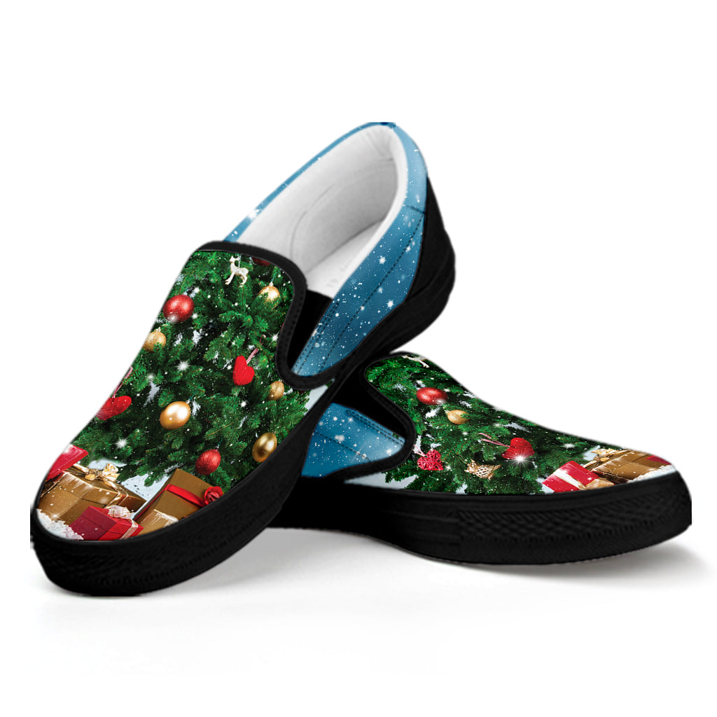 Christmas Tree And Snow Print Black Slip On Shoes