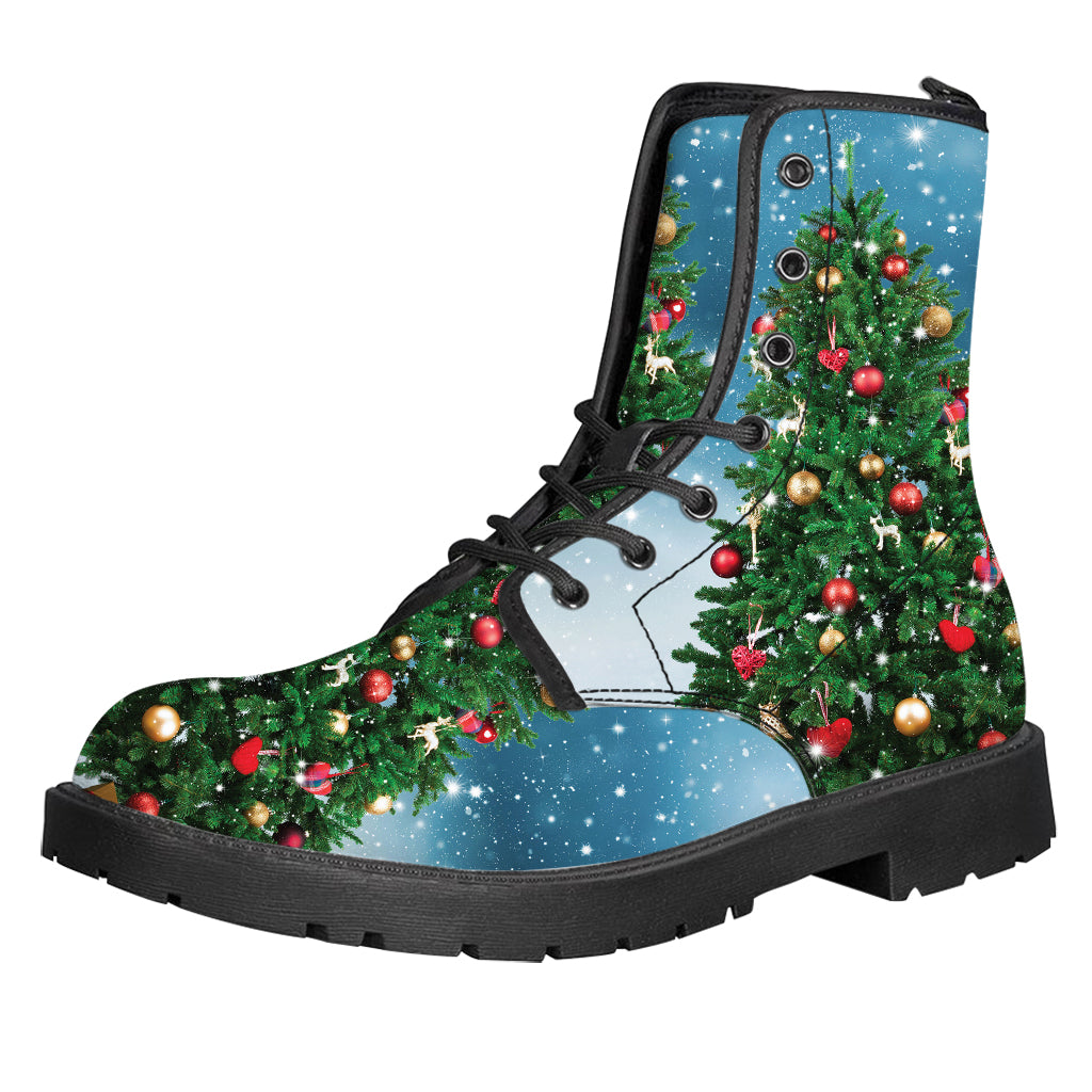 Christmas Tree And Snow Print Leather Boots