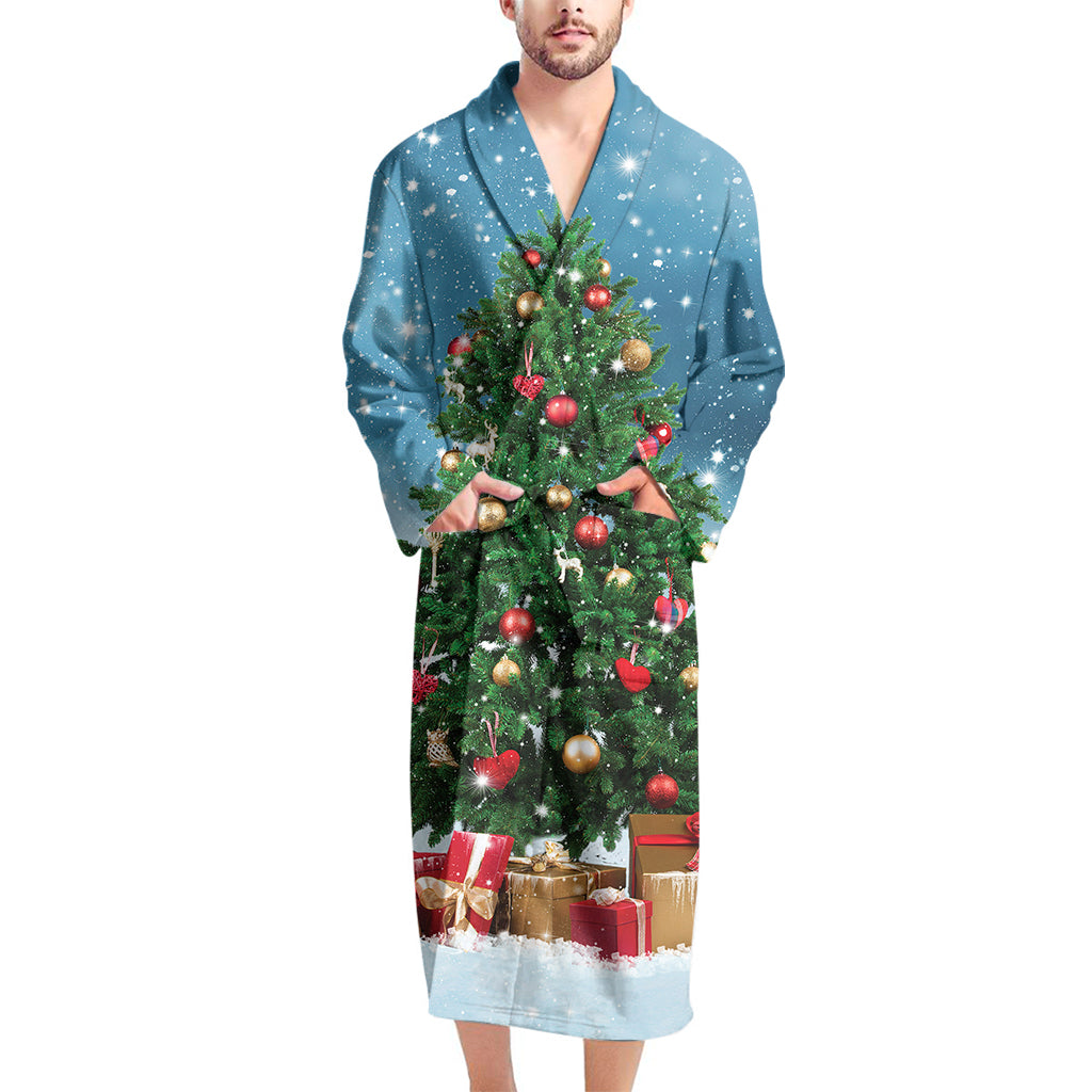 Christmas Tree And Snow Print Men's Bathrobe