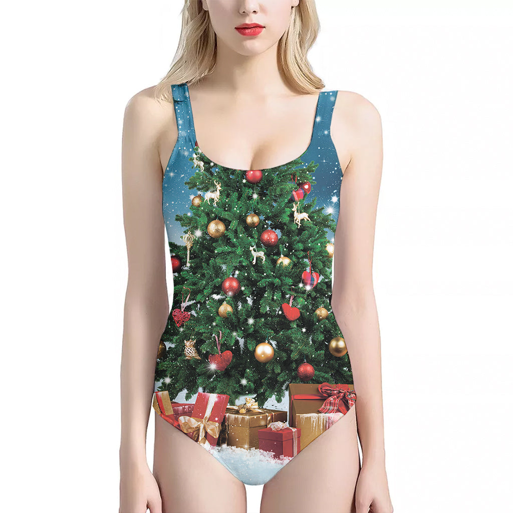 Christmas Tree And Snow Print One Piece Halter Neck Swimsuit