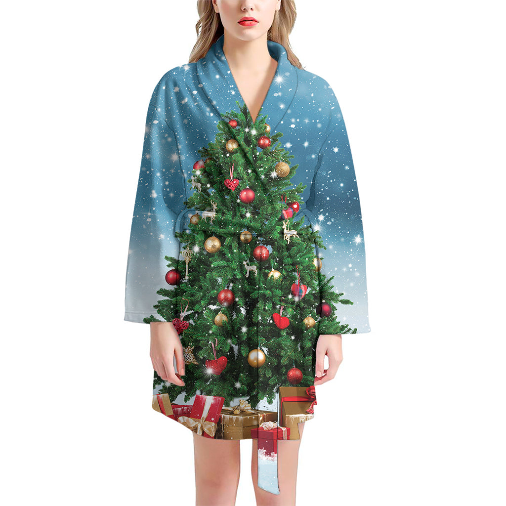 Christmas Tree And Snow Print Women's Bathrobe