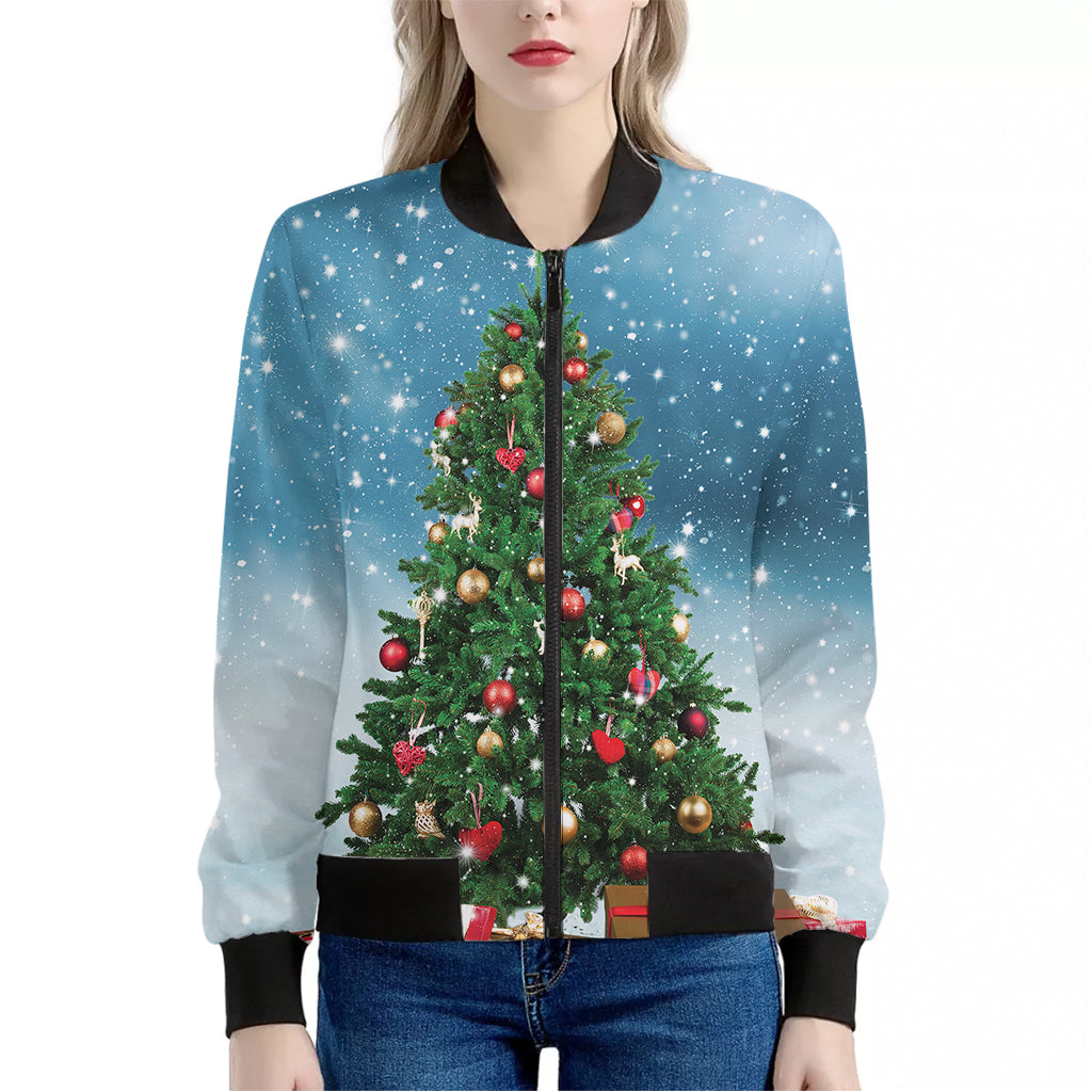 Christmas Tree And Snow Print Women's Bomber Jacket