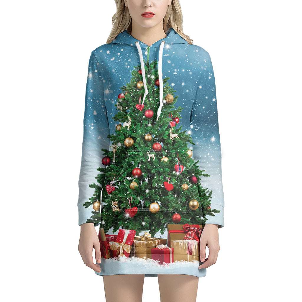 Christmas Tree And Snow Print Women's Pullover Hoodie Dress