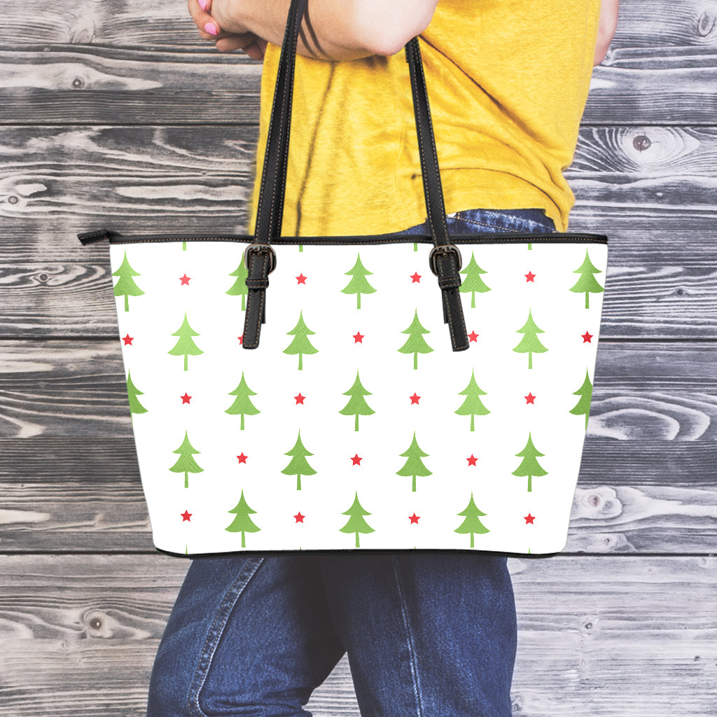 Christmas Tree And Star Pattern Print Leather Tote Bag