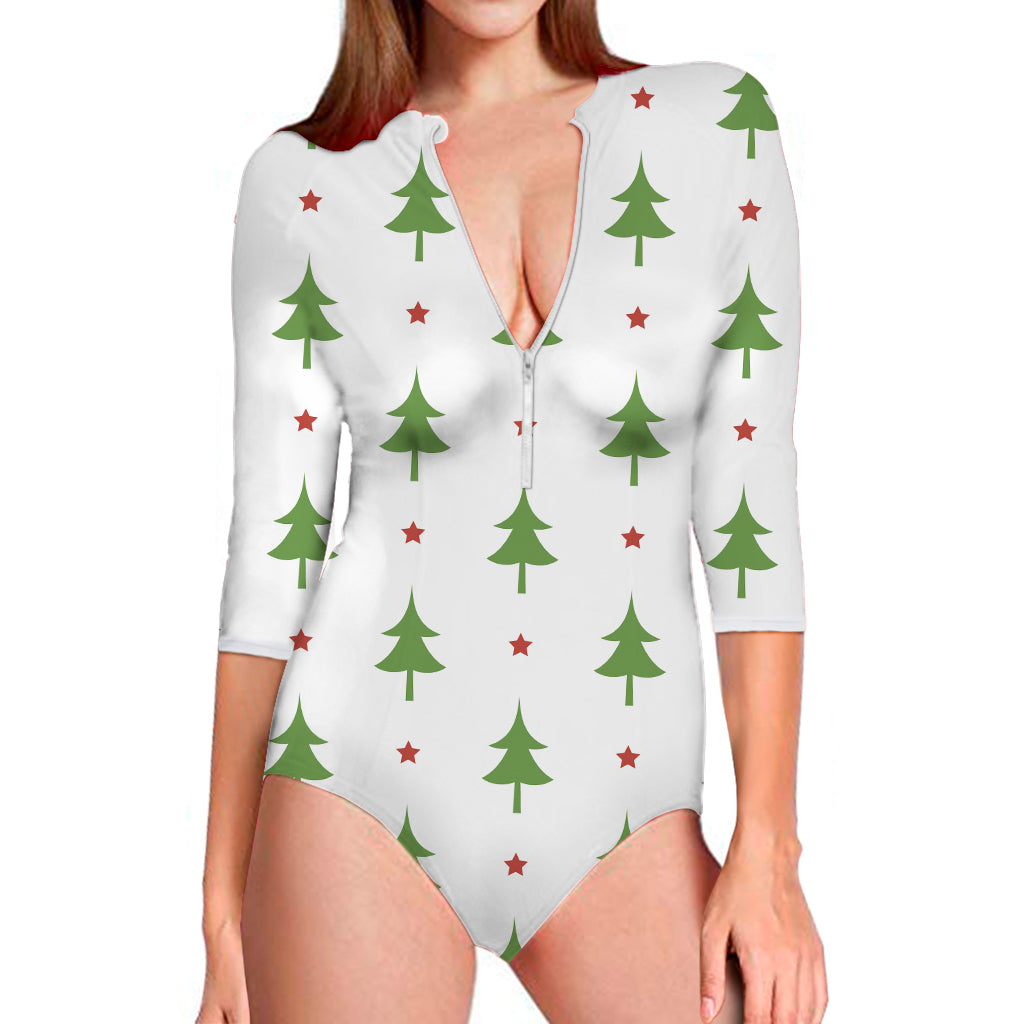 Christmas Tree And Star Pattern Print Long Sleeve One Piece Swimsuit