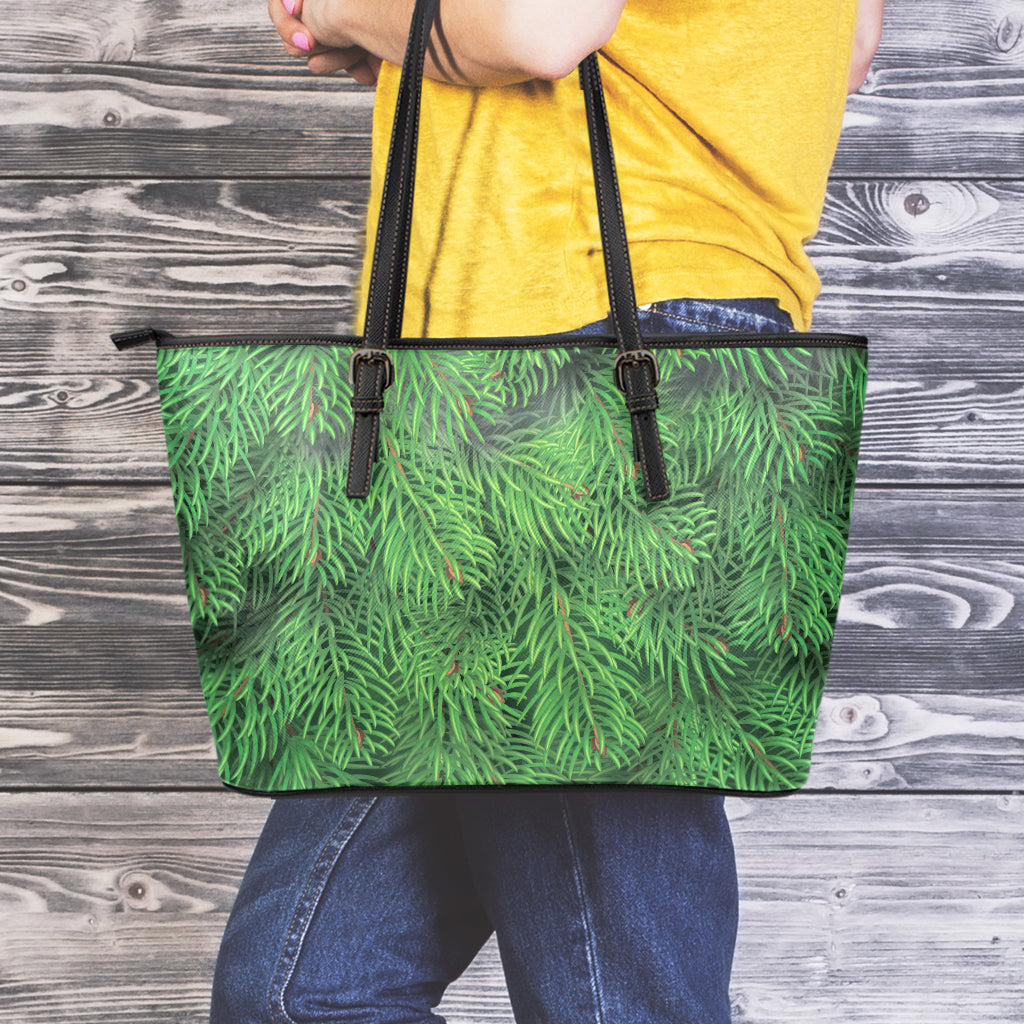 Christmas Tree Branches Print Leather Tote Bag