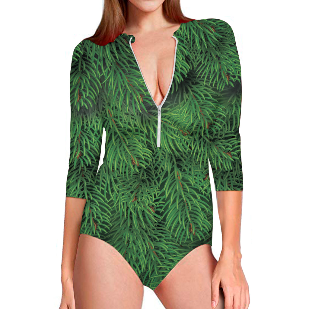 Christmas Tree Branches Print Long Sleeve One Piece Swimsuit