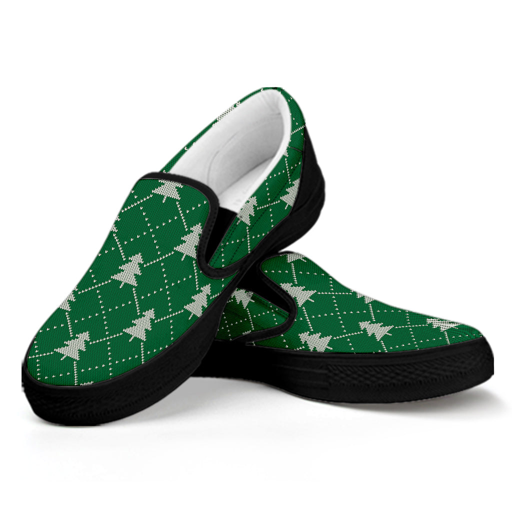 Christmas Tree Knitted Pattern Print Black Slip On Shoes