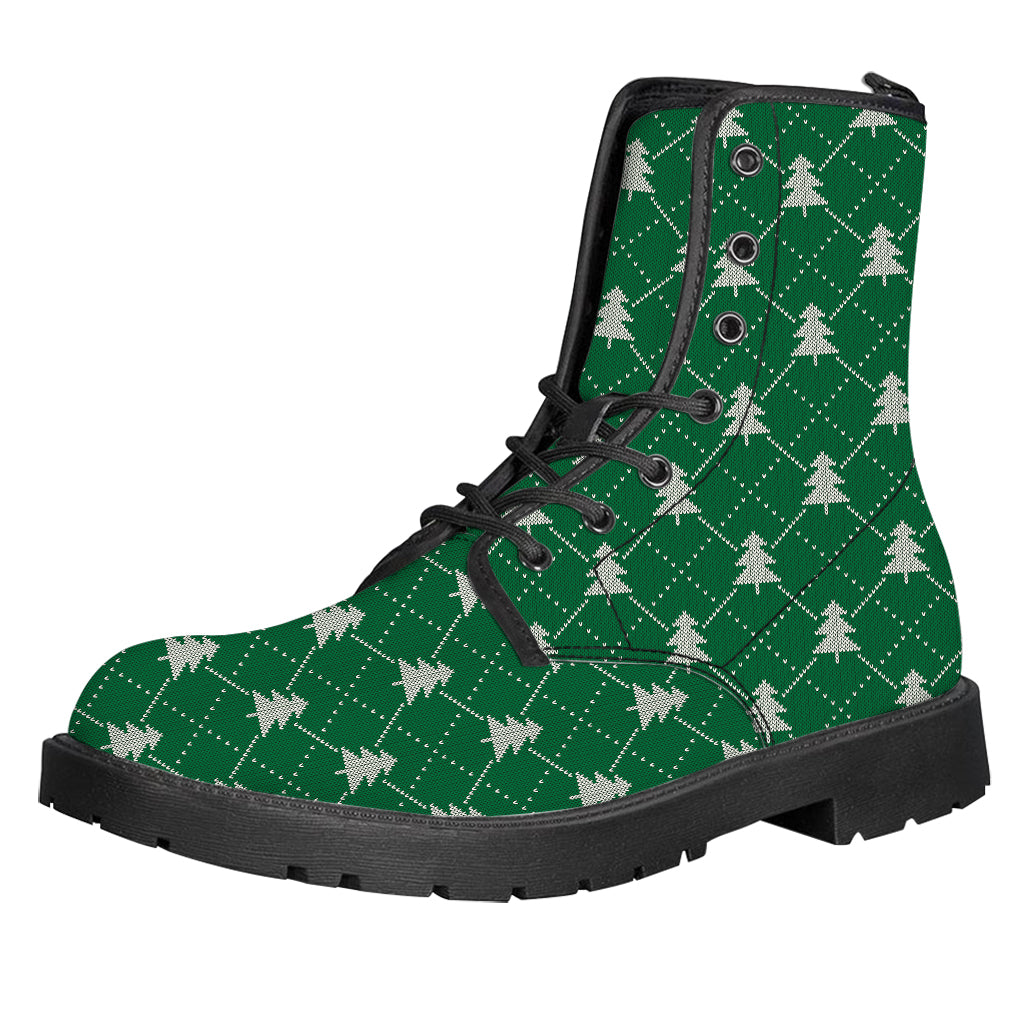 Christmas Tree Knitted Pattern Print Leather Boots