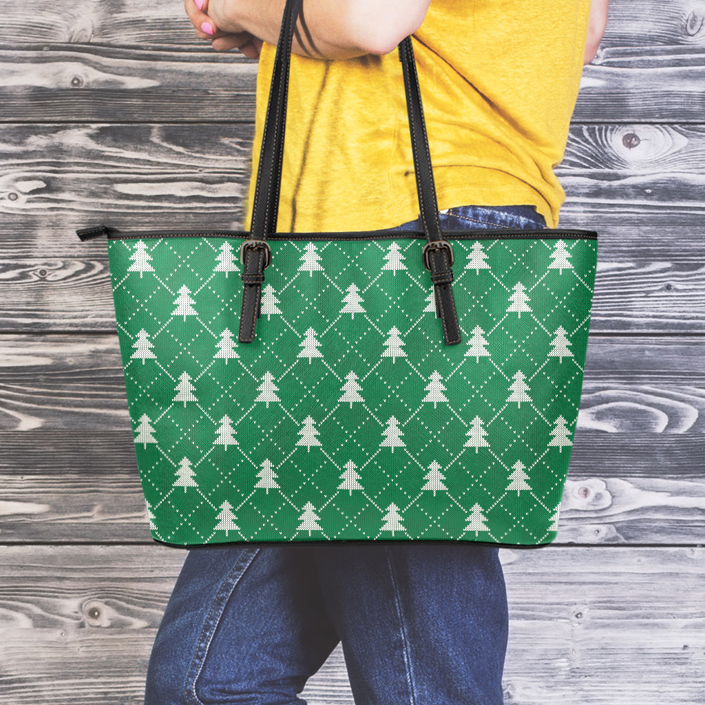 Christmas Tree Knitted Pattern Print Leather Tote Bag