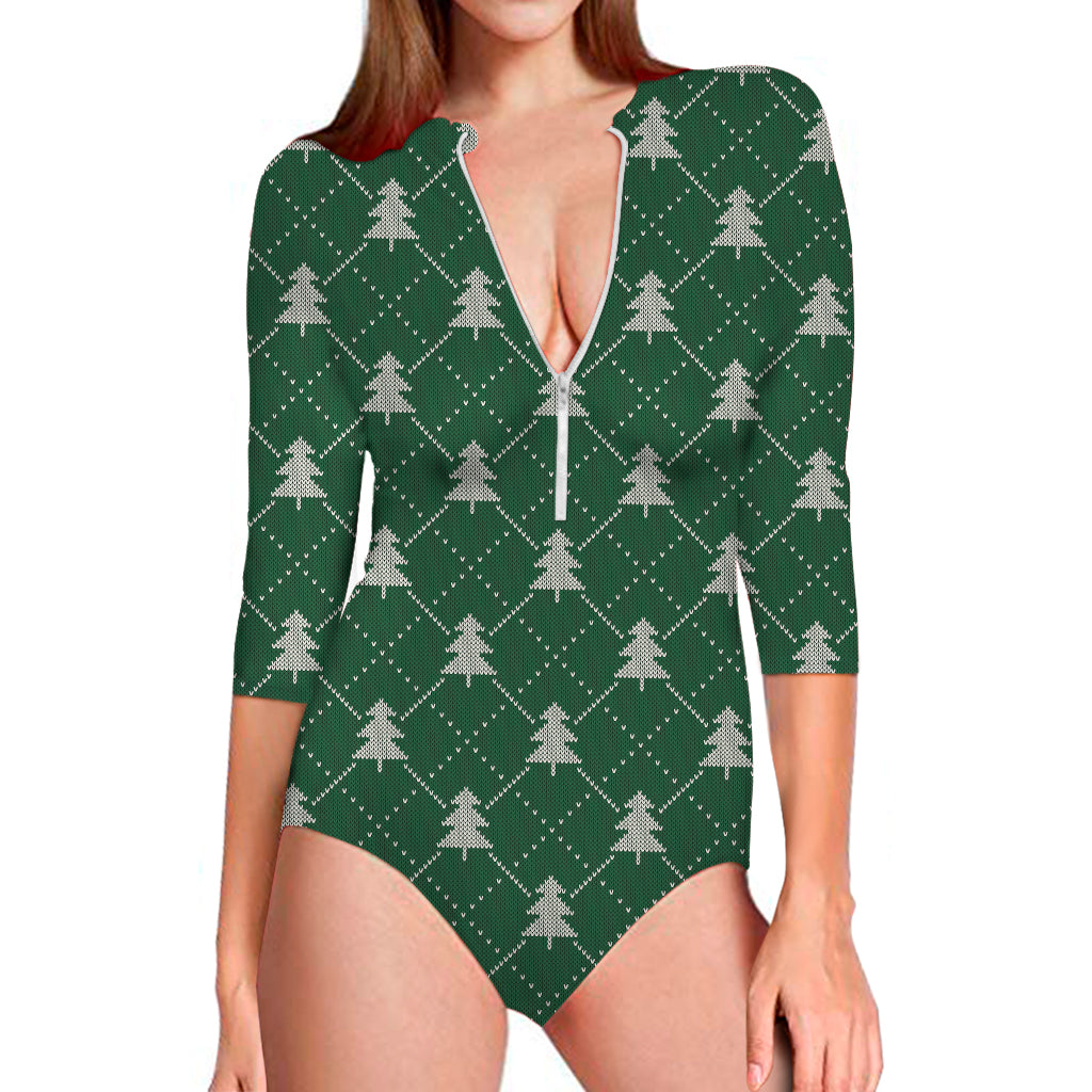 Christmas Tree Knitted Pattern Print Long Sleeve One Piece Swimsuit