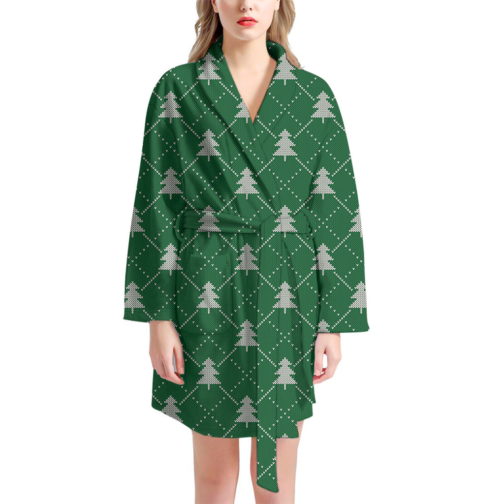 Christmas Tree Knitted Pattern Print Women's Bathrobe