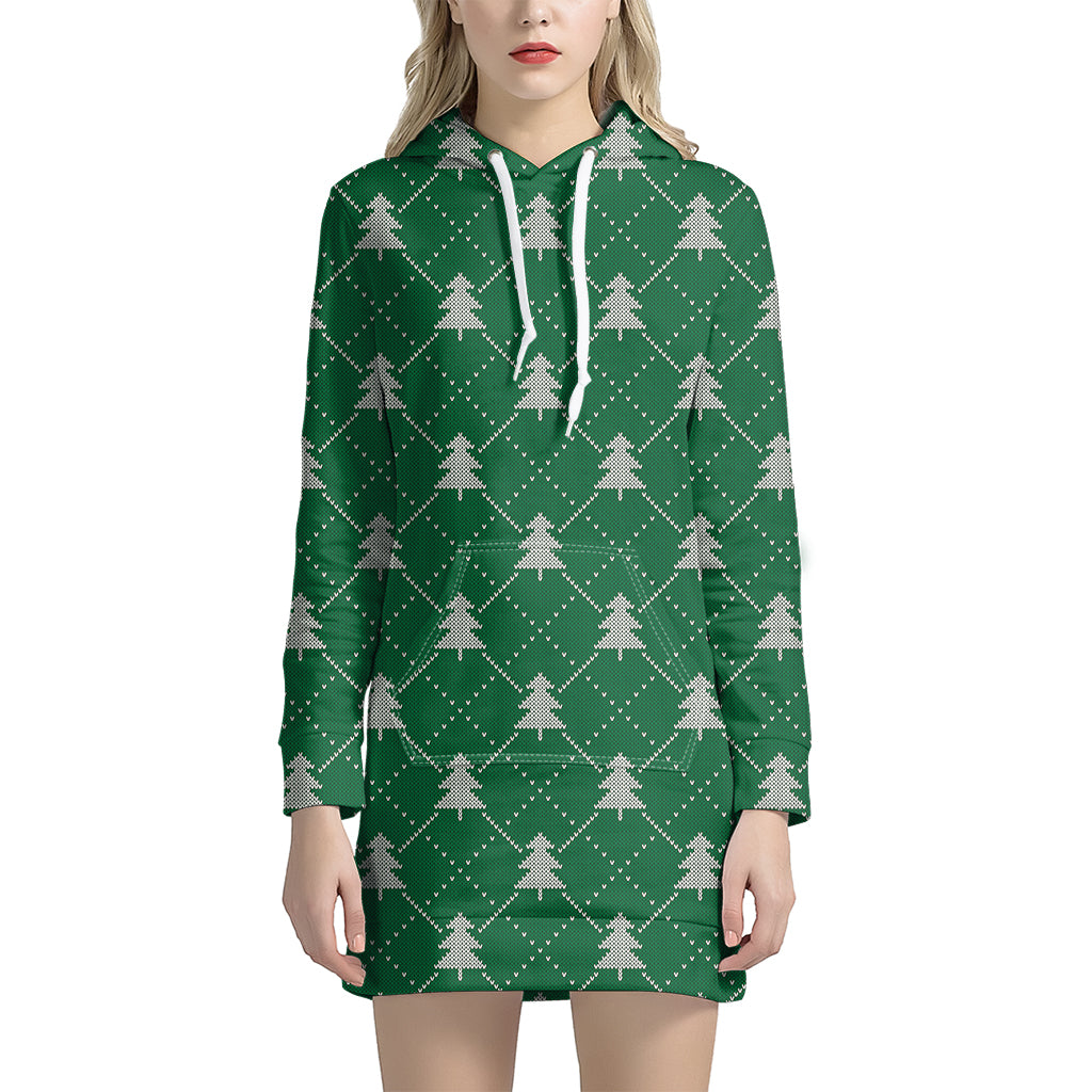 Christmas Tree Knitted Pattern Print Women's Pullover Hoodie Dress