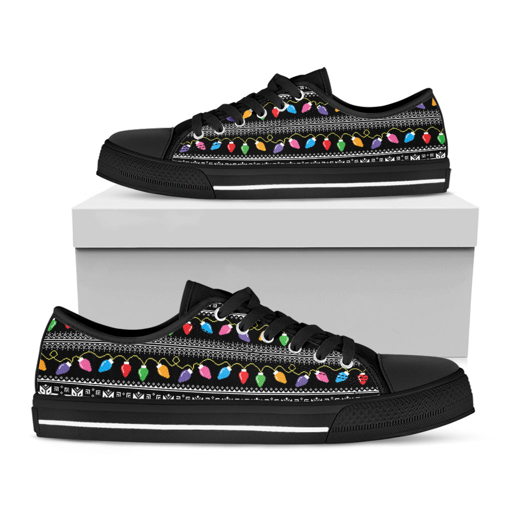 Christmas Tree Lights Print Black Low Top Shoes